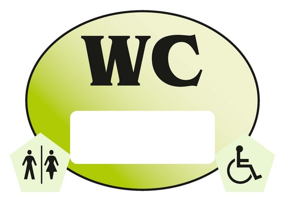 Ein ovaler, grünfarbener Kreis umgeben von einer dünnen, schwarzen Rahmenlinie. In dem Kreis steht in schwarzer Schrift: WC. Darunter ein weißes Feld. Links unten ist das Symbol für Mann und Frau mit einem schwarzen Strich getrennt. Rechts unten ist ein schwarzes Rollstuhl Symbol.