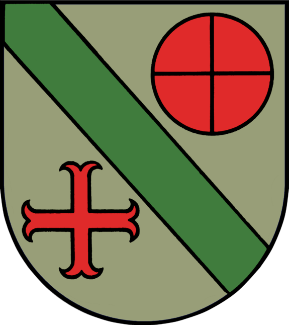 Das Wappen des Ortsteiles Reisbach in Form eines Schildes. Olivgrüner Hintergrund. Das Schild ist durch einen roten Balken in der Mitte von oben links nach unten rechts geteilt. Oben links ist ein roter Kreis mit schwarzem Kreuz, unten links ein rotes Kreuz.