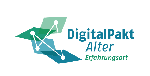 Vier Vierecke mit jeweils einem weißen Punkt sind verbunden durch eine weiße Linie. DigitalPakt Alter Erfahrungsort steht mit blauer und grüner Schrift daneben.